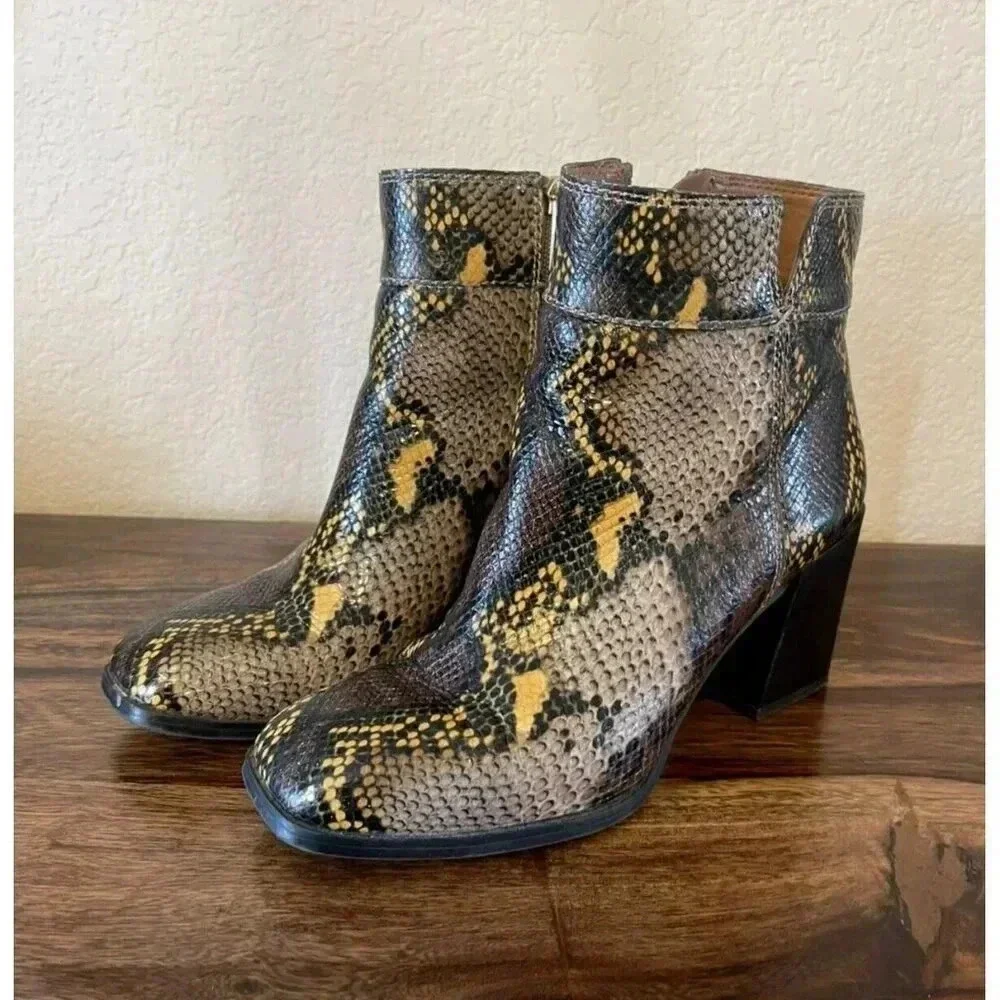 Franco Sarto Size 7M Generous Leather Snake Print Block women Heel Bootie